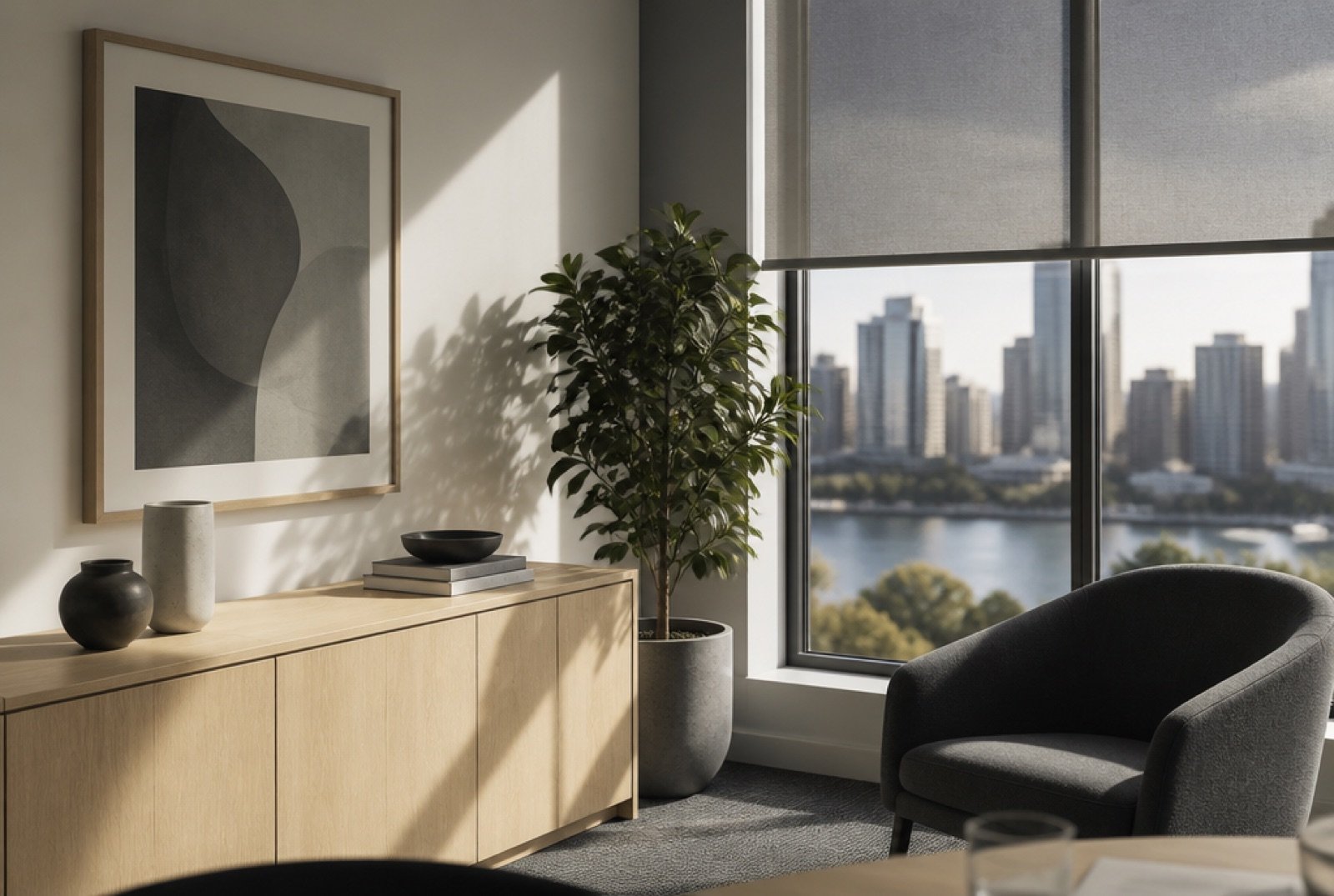 A sunlit office corner with a window, a plant and an armchair