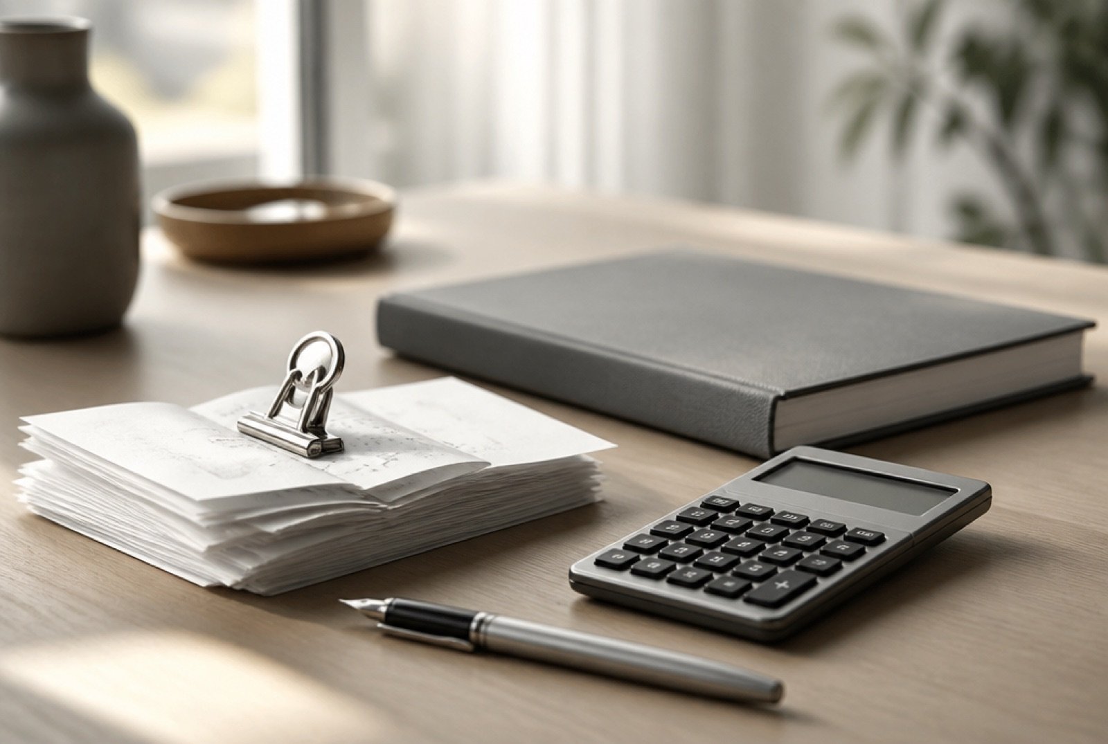 Receipts held by a clip, a closed ledger and a calculator on a timber desk