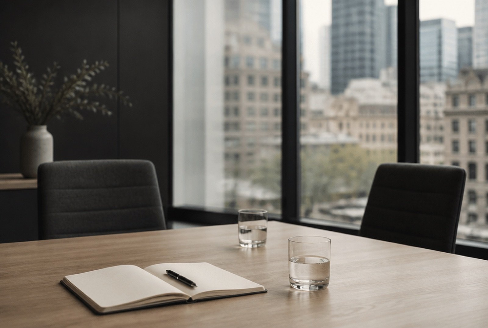 A quiet meeting table by a window with two chairs and a notepad