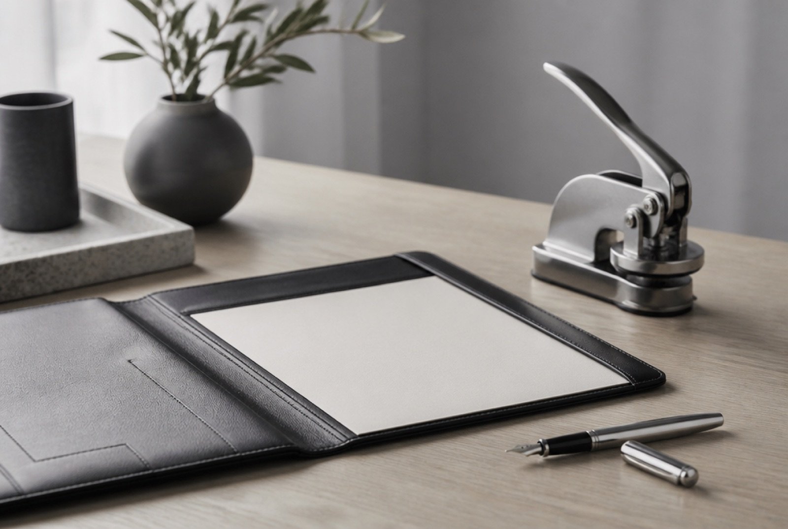 An open leather folder with an embossing seal and a pen