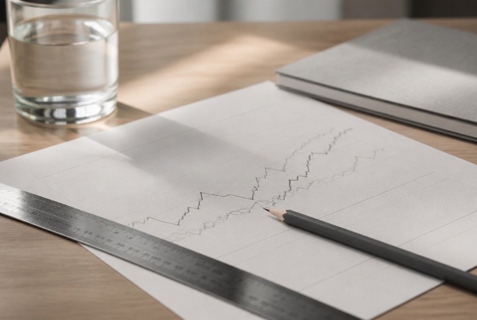 A printed line chart with a ruler and pencil on a desk