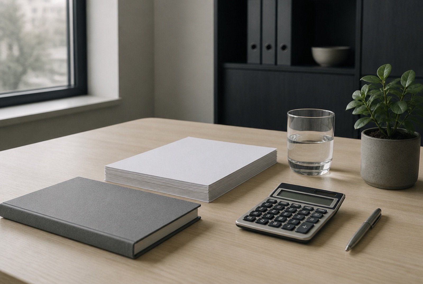 A tidy desk seen from above with a notebook, papers, a calculator and a small plant