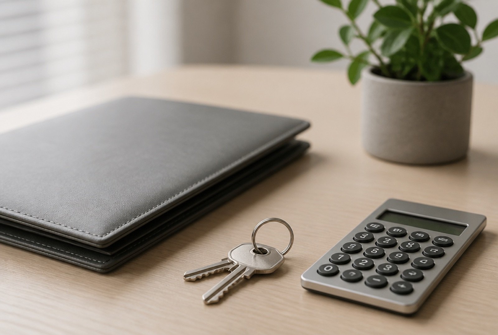 A leather folder, house keys and a calculator on a timber desk