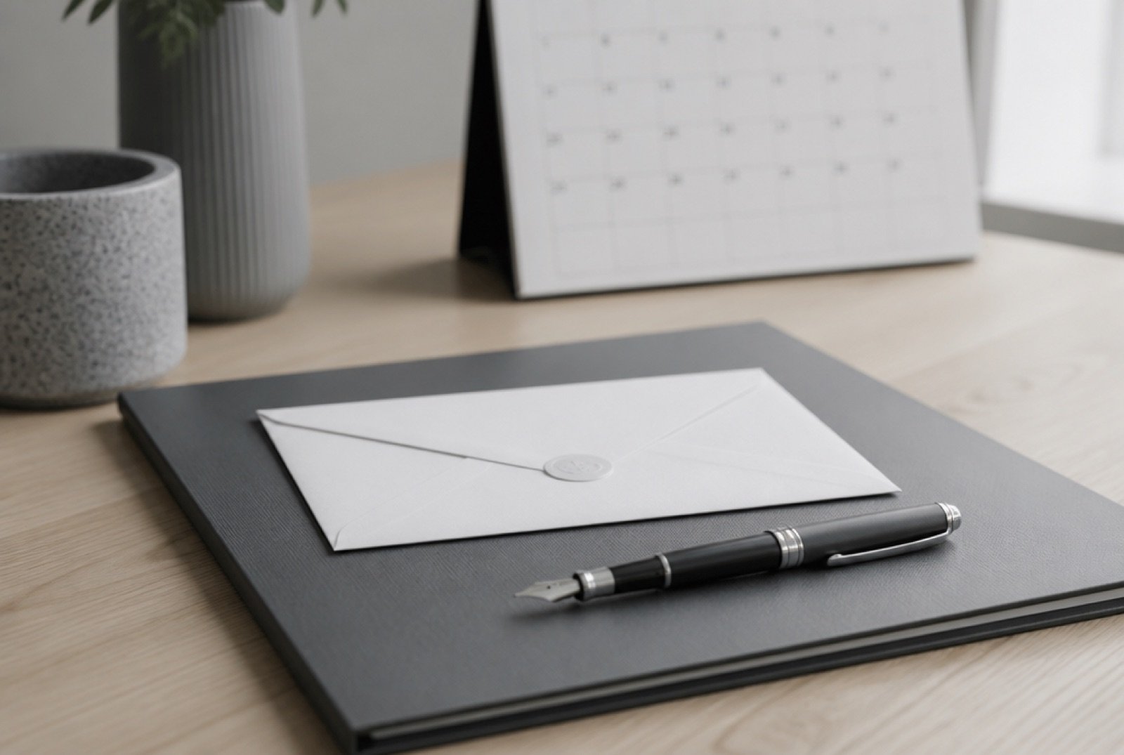 A sealed envelope and a pen on a grey folder with a calendar behind