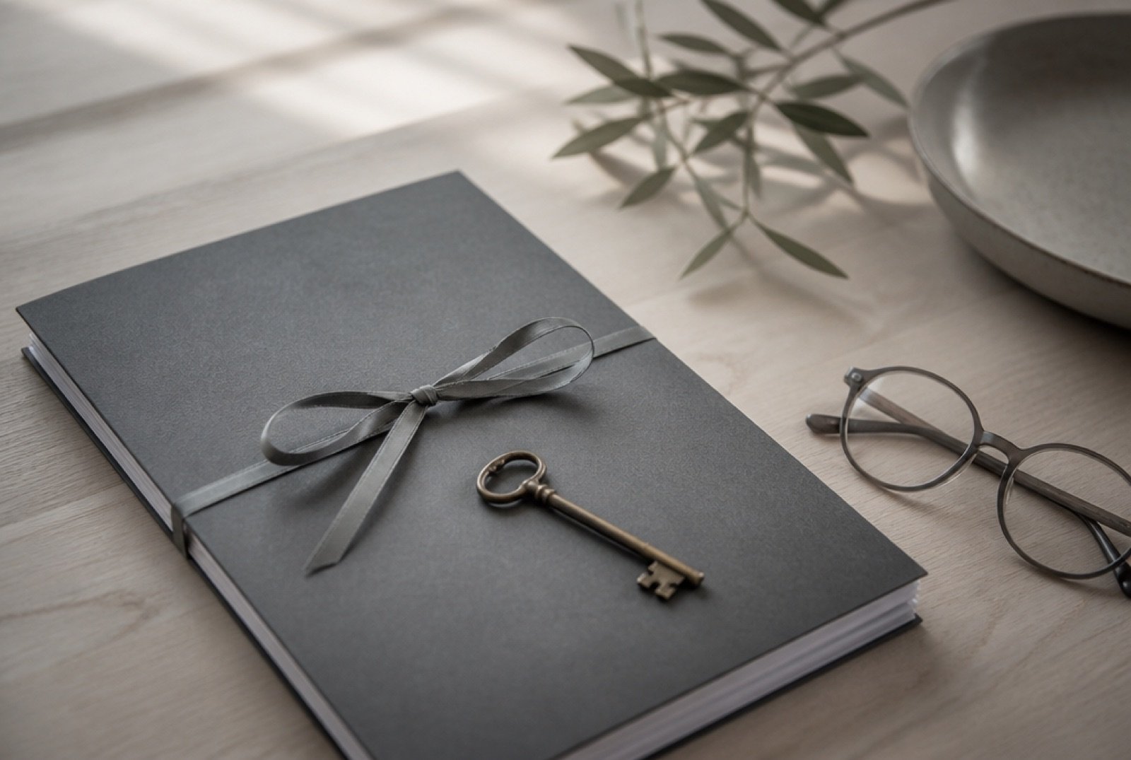 A bound document tied with ribbon, a brass key and reading glasses